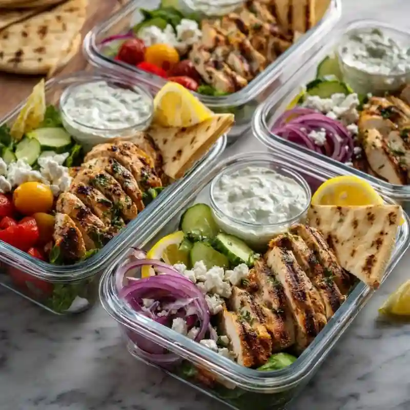 Greek Chicken Lunch Boxes Meal Prep Greek chicken lunch boxes with grilled chicken, cucumbers, feta cheese, red onion, cherry tomatoes, tzatziki sauce, lemon wedges, and pita bread.