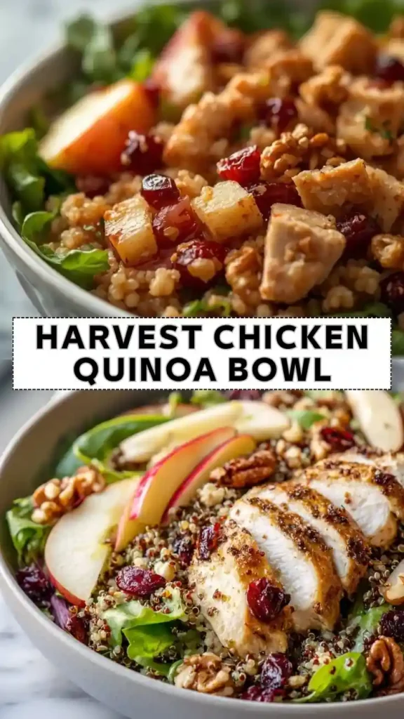 Harvest chicken quinoa bowl with grilled chicken, quinoa, apples, cranberries, walnuts, and fresh greens.
