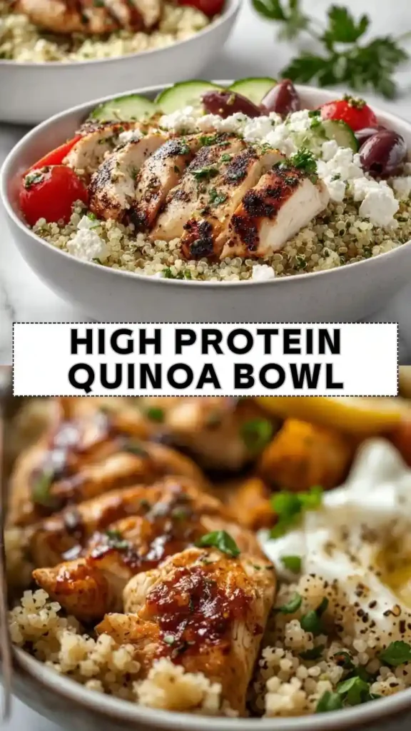 High Protein Quinoa Bowl High protein quinoa bowl with grilled chicken, quinoa, feta cheese, cucumbers, tomatoes, and olives.