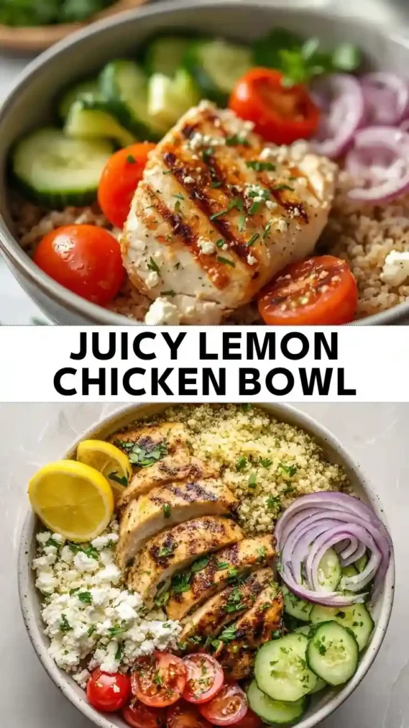 Juicy Lemon Chicken Bowl Juicy lemon grilled chicken bowl with quinoa, cucumbers, cherry tomatoes, red onion, feta cheese, and fresh lemon.