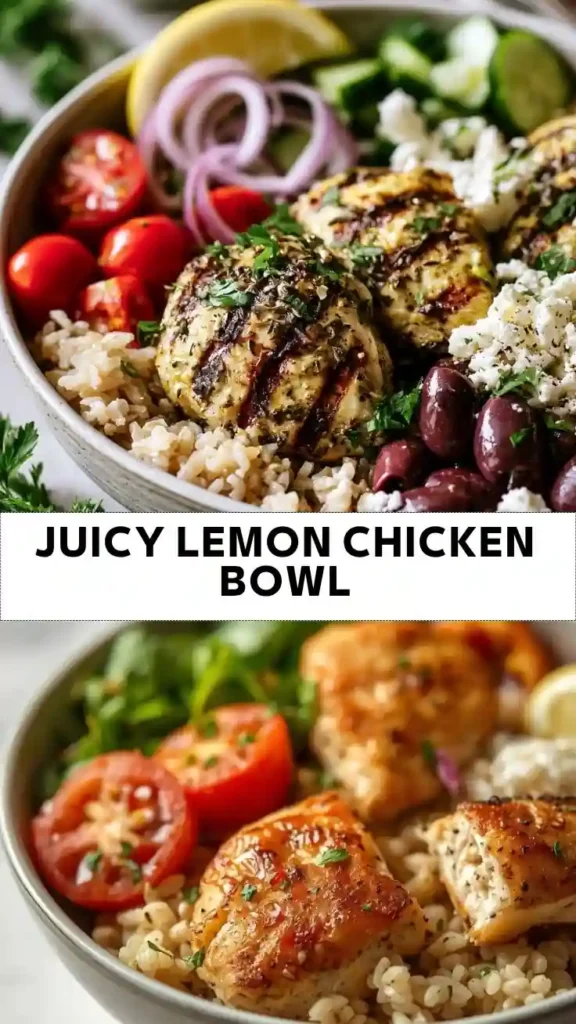 Juicy Lemon Chicken Bowl with Brown Rice, Feta, Olives, and Fresh Vegetables