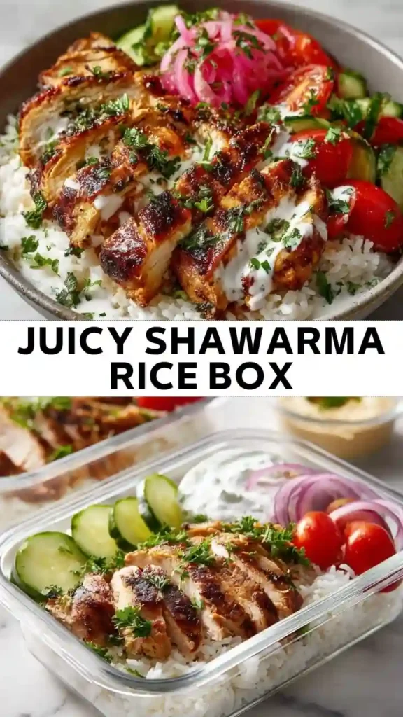 Juicy Shawarma Rice Box Chicken shawarma rice bowl with garlic sauce, cucumber, tomatoes, pickled onions, and fluffy white rice.