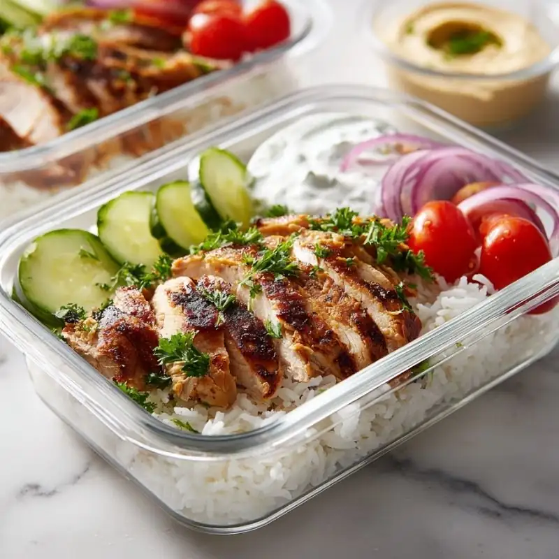 Juicy Shawarma Rice Box Meal Prep Chicken shawarma meal prep bowl with white rice, cucumber, cherry tomatoes, red onion, and creamy garlic sauce.