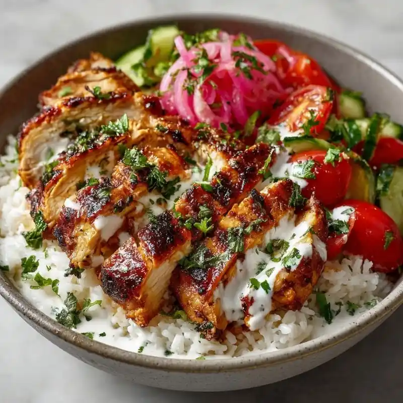 Juicy Shawarma Rice Box Bowl Chicken shawarma rice bowl with garlic sauce, pickled onions, cucumber, tomatoes, and fluffy white rice.