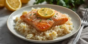 Creamy Lemon Butter Salmon Rice Bake
