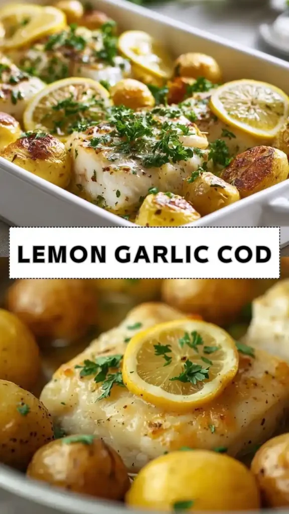 Lemon garlic baked cod with roasted baby potatoes and fresh parsley
