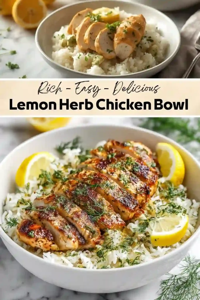 Lemon Herb Chicken Bowl Lemon herb chicken bowl with juicy grilled chicken breast served over fluffy rice with fresh herbs and lemon wedges.