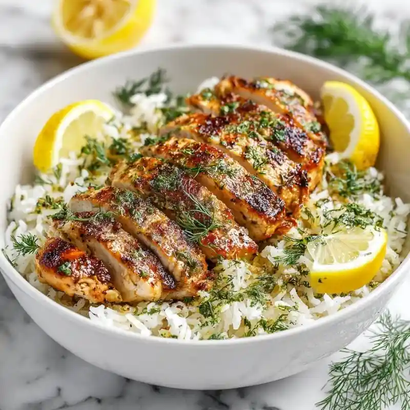 Lemon herb chicken bowl with sliced grilled chicken breast, fluffy white rice, fresh dill, parsley, and lemon wedges. Lemon Herb Chicken Bowl | Healthy Chicken and Rice Bowl Recipe