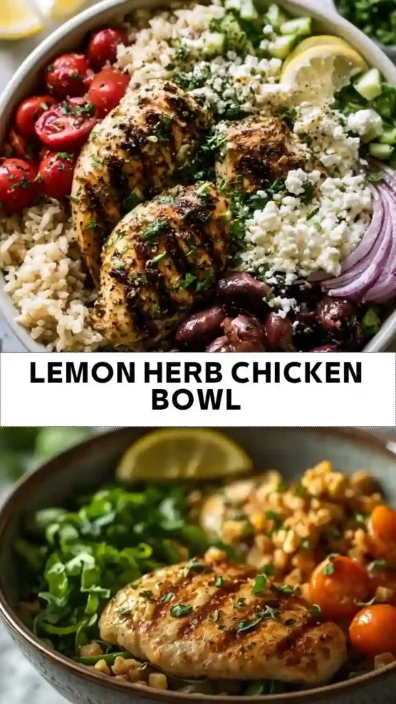 Lemon Herb Chicken Bowl Recipe | Healthy Mediterranean Chicken Rice Bowl Lemon Herb Chicken Bowl with Brown Rice, Feta, Olives, and Fresh Vegetables