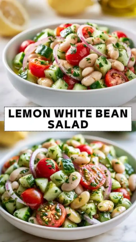 Lemon White Bean Salad | Healthy Mediterranean Lunch Recipe Fresh lemon white bean salad with cucumbers, cherry tomatoes, red onion, parsley, and a light lemon dressing.