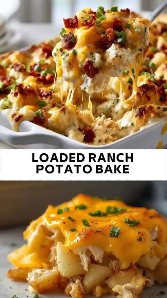 Loaded Ranch Potato Bake with cheddar cheese, bacon, and creamy ranch topping