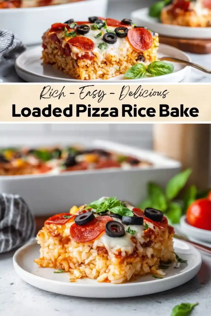 Loaded Pizza Rice Bake Recipe | Easy Pepperoni Rice Casserole Loaded pizza rice bake topped with pepperoni, melted mozzarella, black olives, and fresh basil, served in a white dish.