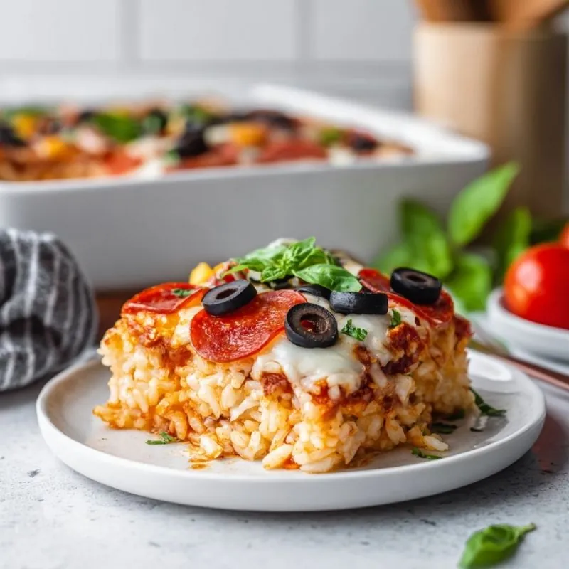 Loaded Pizza Rice Bake Recipe | Easy Pepperoni Rice Casserole Loaded pizza rice bake topped with pepperoni, melted mozzarella, black olives, and fresh basil served on a white plate.