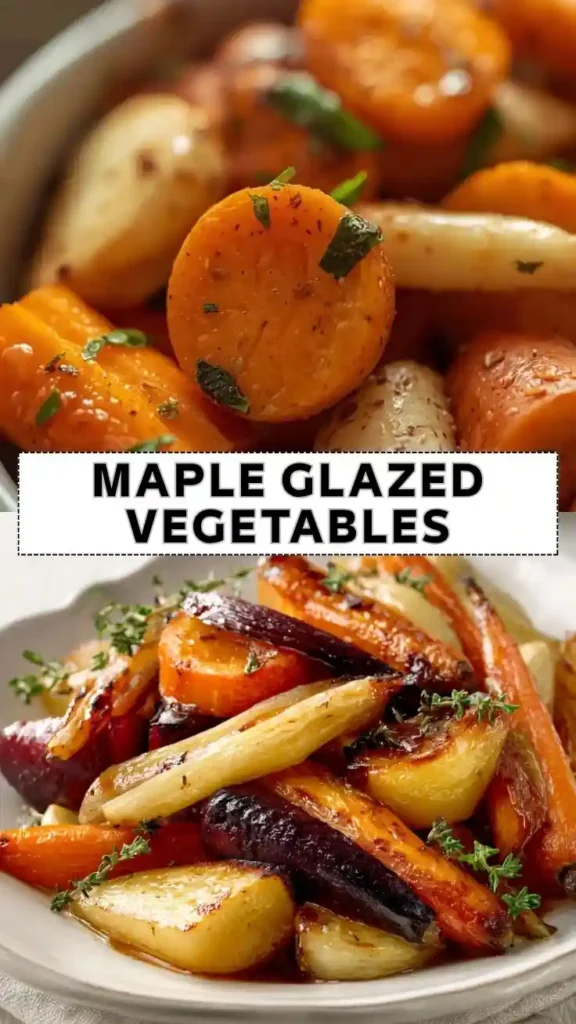 Maple Glazed Roasted Vegetables A platter of maple glazed roasted vegetables featuring carrots, parsnips, and potatoes, caramelized and garnished with fresh thyme.