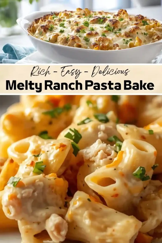 Melty Ranch Pasta Bake Melty ranch pasta bake with tender chicken, creamy ranch sauce, pasta, and golden melted cheese baked until bubbly.