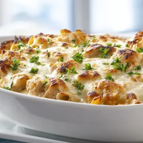 Melty ranch pasta bake in a casserole dish with creamy chicken, pasta, and golden baked cheese.