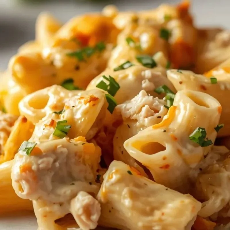 Melty Ranch Pasta Bake Close Up Close-up of creamy melty ranch pasta bake with tender chicken, pasta, and gooey melted cheese.