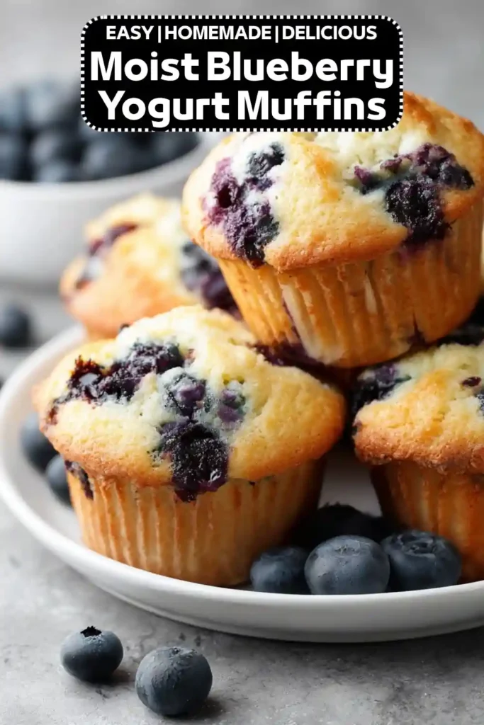 Moist Blueberry Yogurt Muffins Recipe | Easy Homemade Blueberry Muffins Moist blueberry yogurt muffins made with fresh blueberries, served on a white plate with whole blueberries.