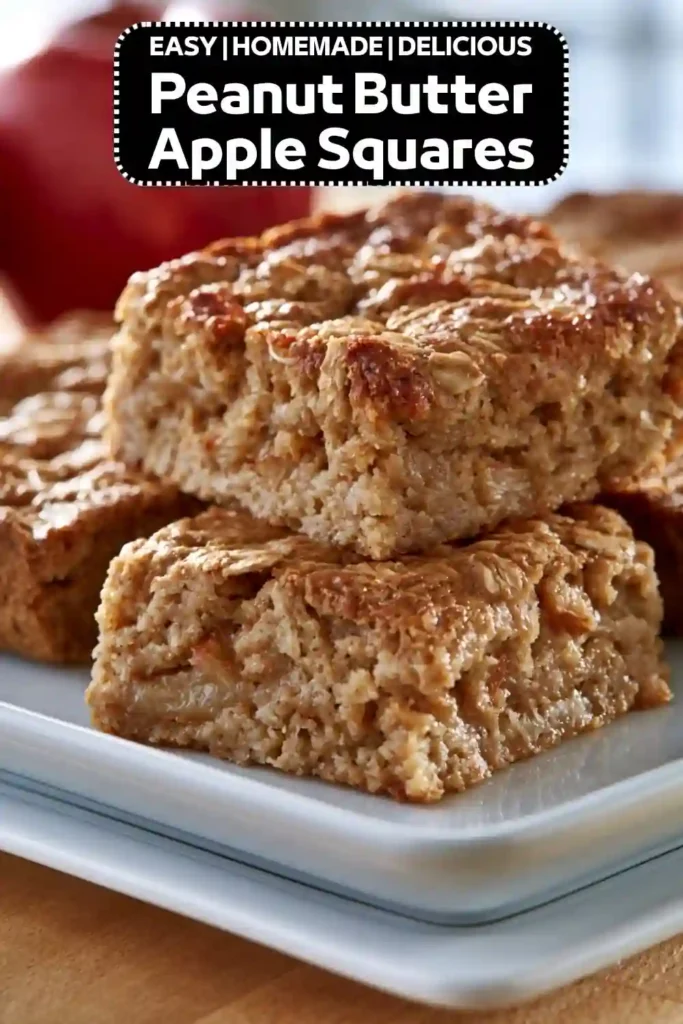 Easy Homemade Peanut Butter Apple Squares Homemade peanut butter apple squares stacked on a white plate with a soft, moist texture and chunks of fresh apple.