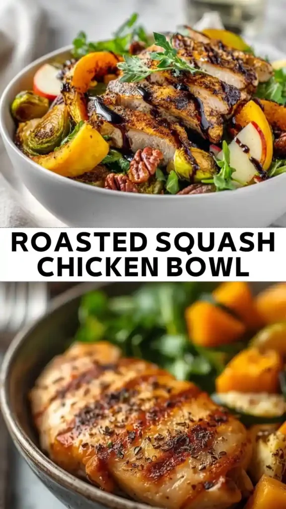 Roasted squash chicken bowl with grilled chicken, roasted squash, Brussels sprouts, apple slices, pecans, and balsamic glaze.
