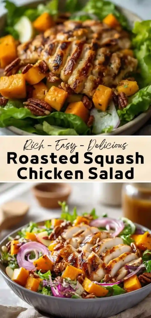 Roasted squash chicken salad with grilled chicken, mixed greens, pecans, red onion, and roasted squash.