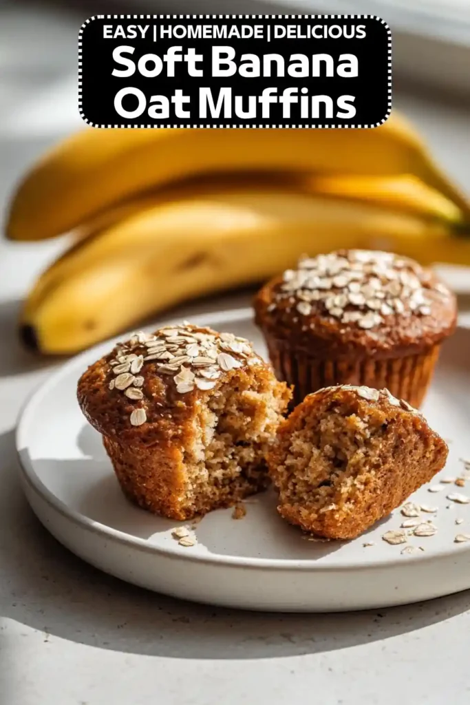 Soft banana oat muffins made with ripe bananas, rolled oats, and warm cinnamon, served on a plate with fresh bananas.