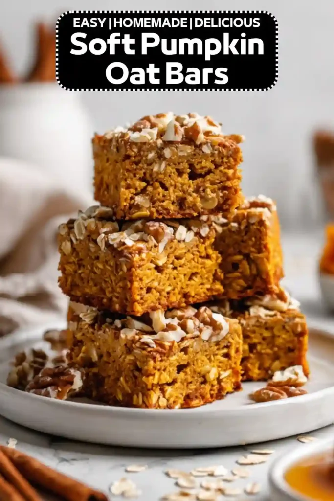 Soft Pumpkin Oat Bars Soft pumpkin oat bars made with pumpkin puree, rolled oats, warm spices, and chopped walnuts, stacked on a serving plate.