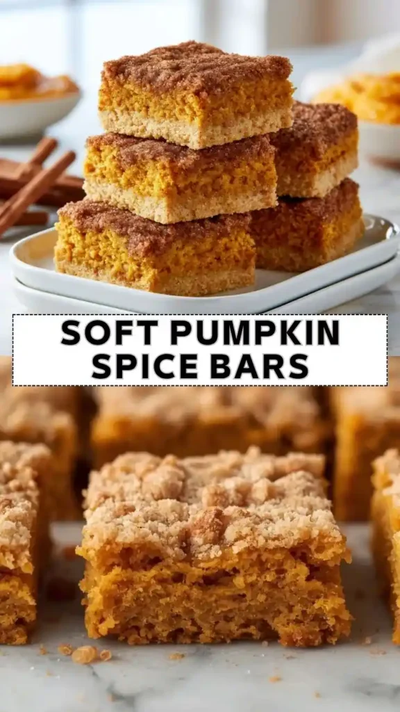 Soft pumpkin spice bars with a cinnamon sugar topping stacked on a white serving plate.