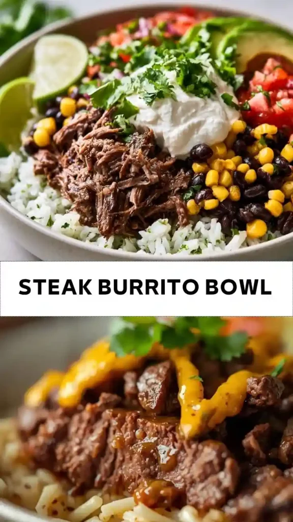 Steak Burrito Bowl with Rice, Black Beans, Corn, and Avocado