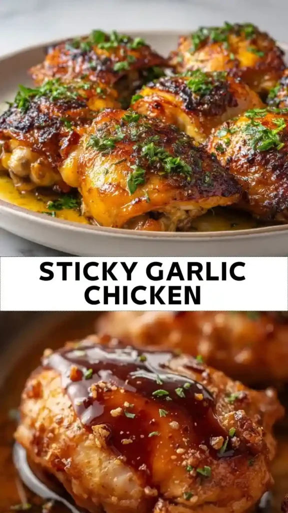 Sticky Garlic Chicken Recipe Sticky garlic chicken with crispy golden skin coated in a rich garlic butter glaze and garnished with fresh parsley.