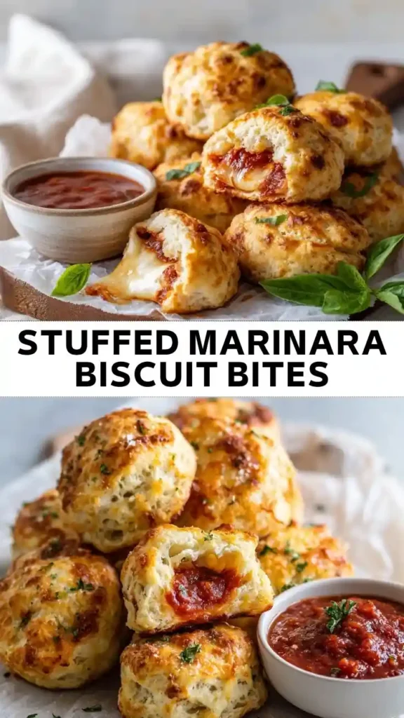 Stuffed Marinara Biscuit Bites Recipe | Easy Cheesy Biscuit Appetizer Stuffed marinara biscuit bites filled with melted mozzarella and marinara sauce, served with a bowl of marinara dipping sauce.