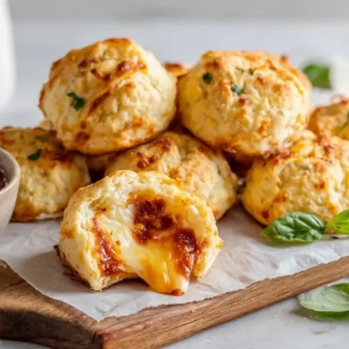Stuffed marinara biscuit bites filled with melted mozzarella, served on a wooden board with a bowl of marinara dipping sauce and fresh basil.