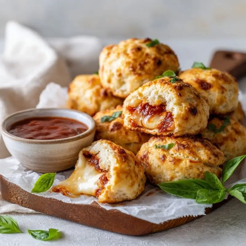 Stuffed Marinara Biscuit Bites Recipe | Easy Cheesy Biscuit Snack Stuffed marinara biscuit bites with gooey melted mozzarella and rich marinara filling, served with marinara dipping sauce and fresh basil.
