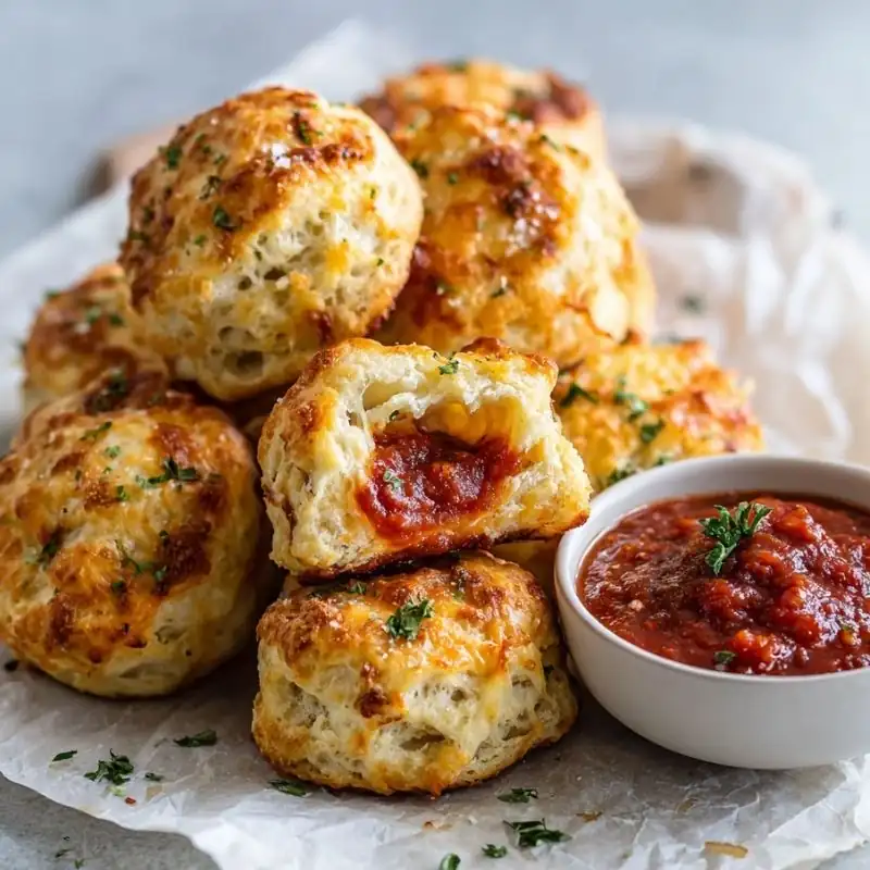 Stuffed Marinara Biscuit Bites Recipe | Easy Cheesy Biscuit Appetizer Stuffed marinara biscuit bites filled with melted mozzarella and rich marinara, served with a bowl of marinara dipping sauce.