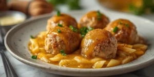 Golden Baked Honey Mustard Chicken Meatball Casserole
