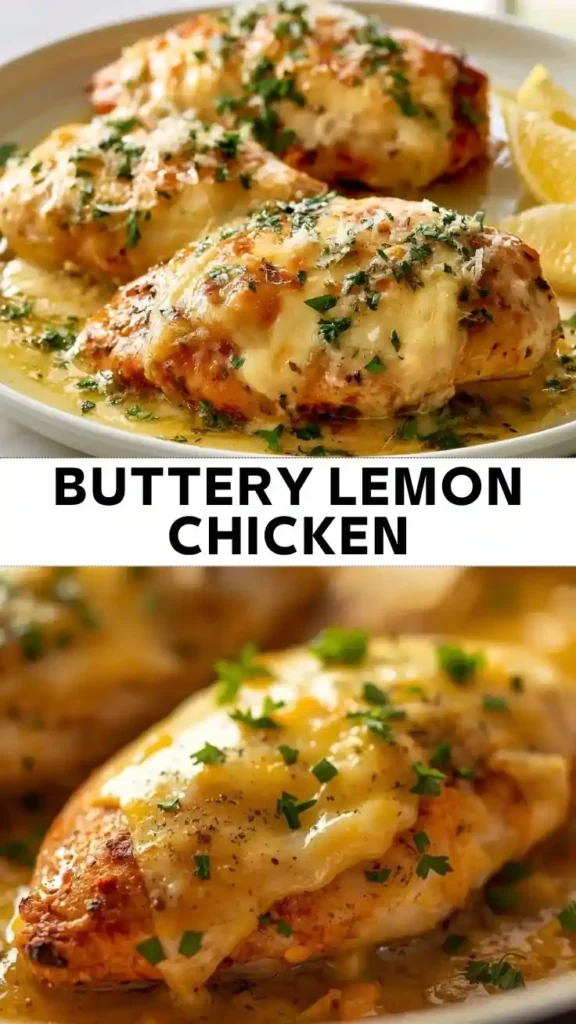 Buttery Lemon Chicken Juicy baked chicken breasts topped with a buttery lemon sauce, melted cheese, and fresh parsley.