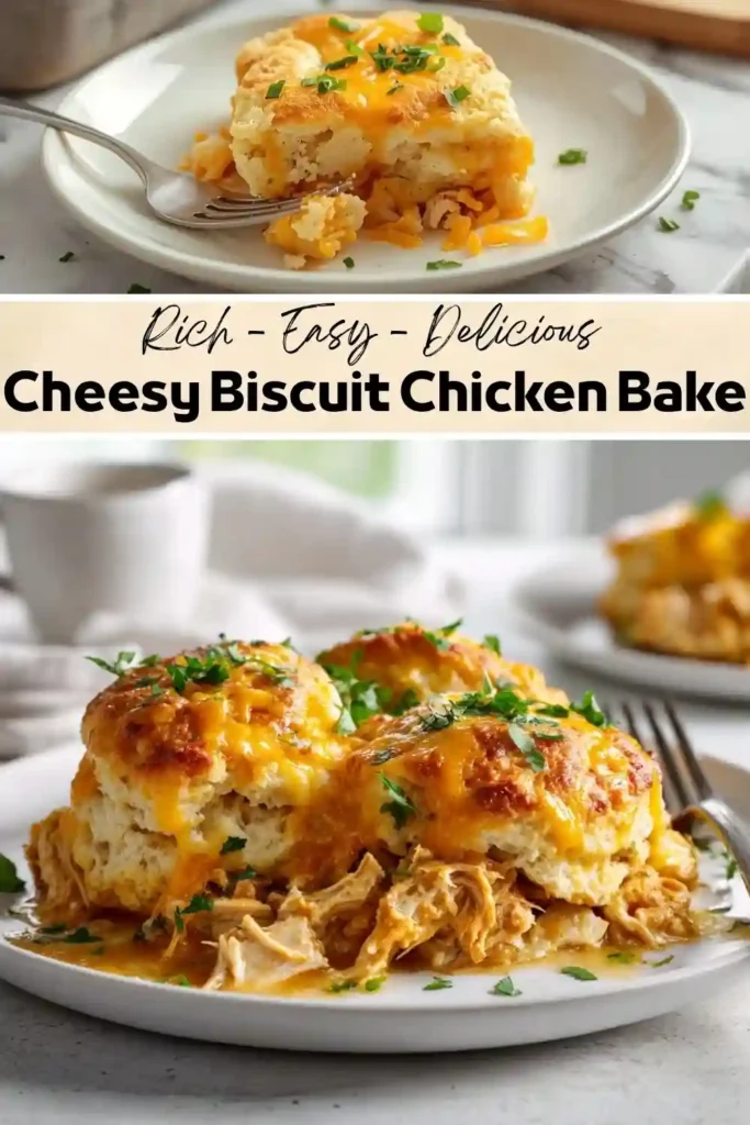 Cheesy Biscuit Chicken Bake A cheesy biscuit chicken bake with fluffy golden biscuits, shredded chicken, melted cheddar cheese, and parsley, served on a white plate.