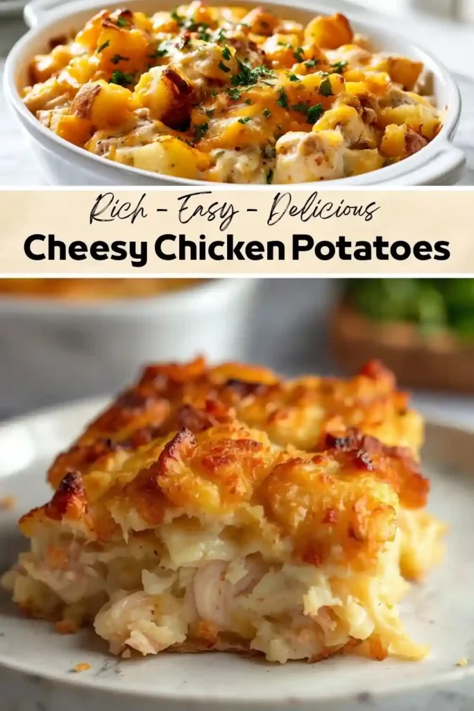 Golden baked cheesy chicken and potato casserole served in a baking dish with a crispy, melted cheese topping.