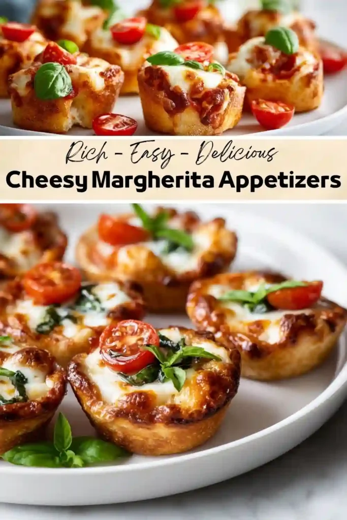 Cheesy Margherita pizza appetizers topped with melted mozzarella, cherry tomatoes, fresh basil, and marinara sauce.