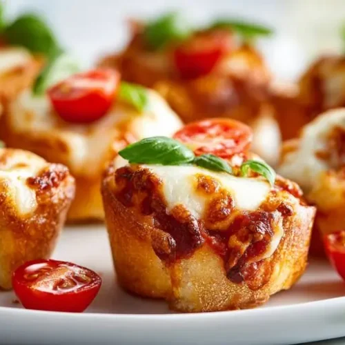 Hero image of cheesy Margherita pizza appetizers topped with melted mozzarella, fresh basil leaves, and cherry tomatoes.