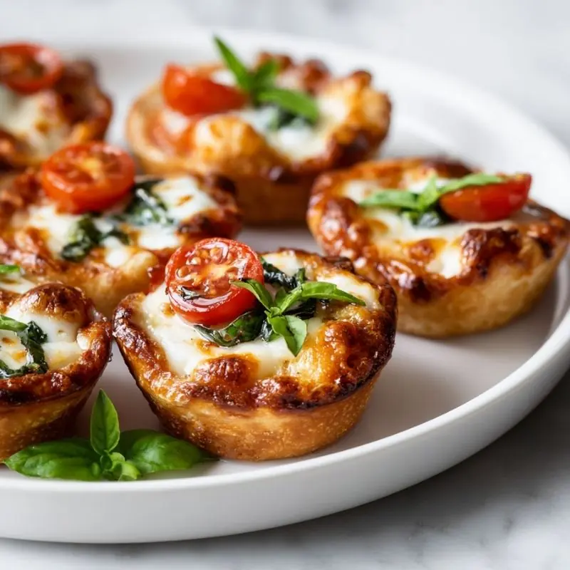 Mini Margherita pizza appetizers with melted mozzarella, cherry tomatoes, fresh basil, and crispy golden crust.