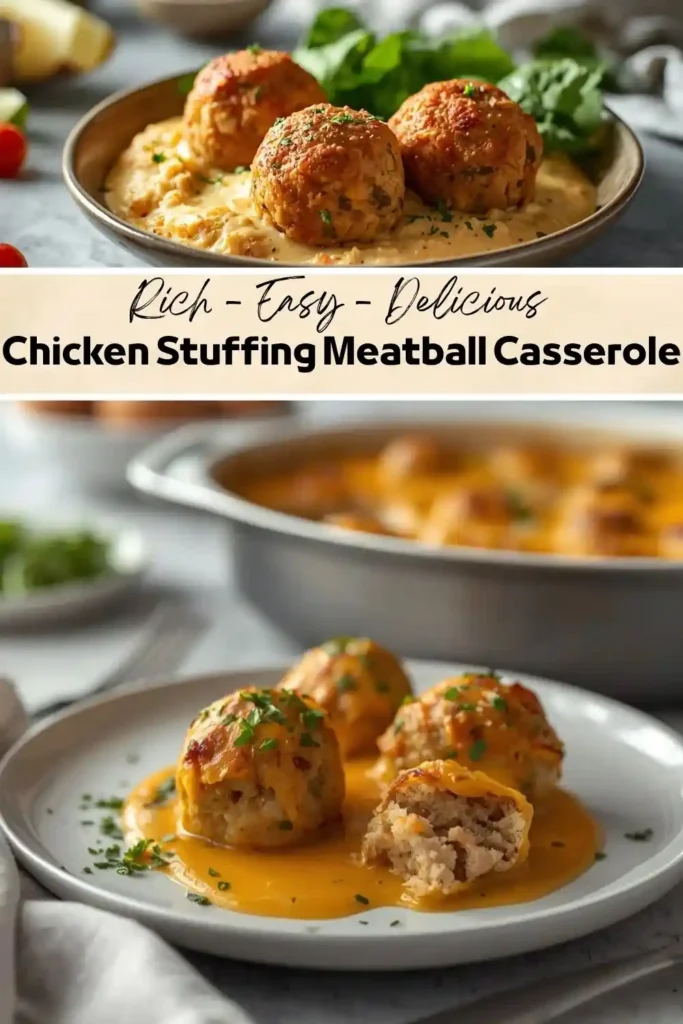 Chicken Stuffing Meatball Casserole with golden chicken meatballs in creamy savory sauce