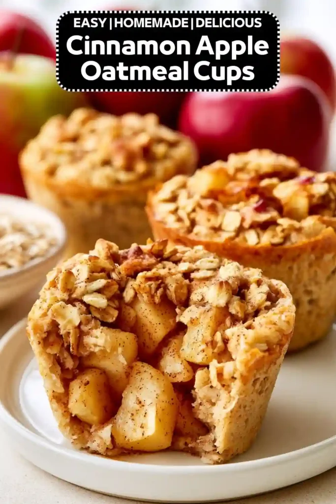 Cinnamon Apple Oatmeal Cups Cinnamon apple oatmeal cups filled with tender apple pieces, rolled oats, and warm cinnamon in golden baked oatmeal cups.