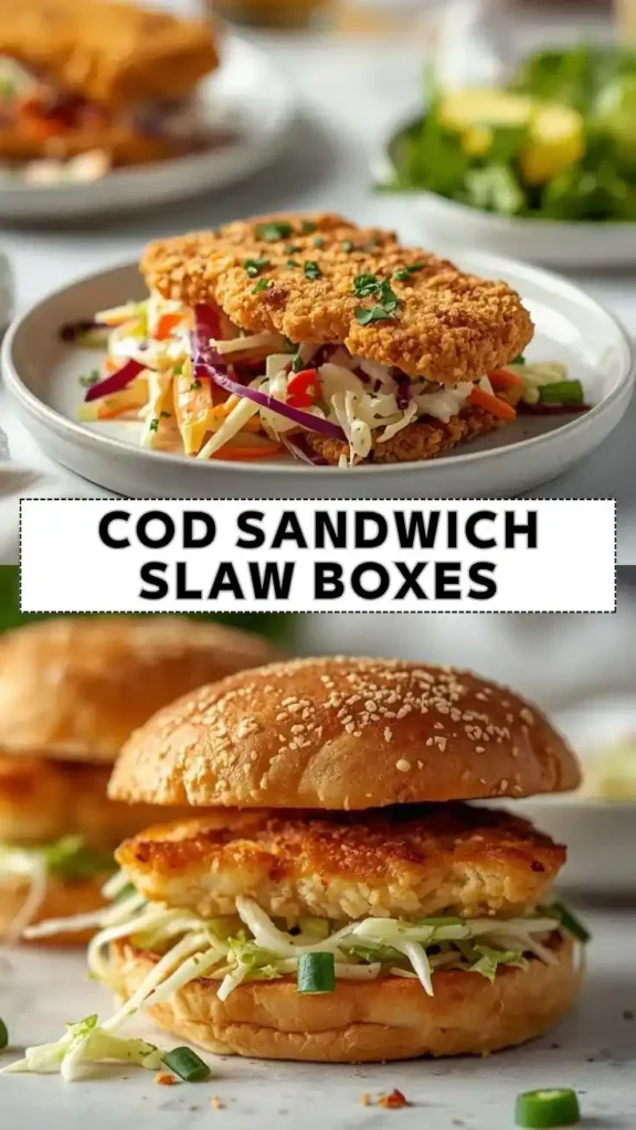 Crispy cod sandwich with crunchy cabbage slaw on a toasted sesame bun