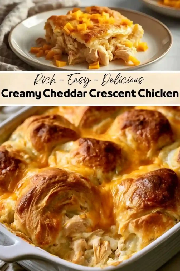Creamy Cheddar Crescent Chicken Creamy Cheddar Crescent Chicken casserole with golden crescent rolls, shredded chicken, and melted cheddar cheese