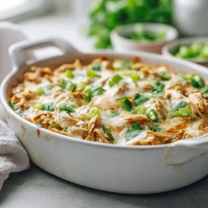 Creamy Chicken Chili Bake Creamy chicken chili bake in a white casserole dish topped with melted cheese, shredded chicken, green onions, and fresh cilantro.