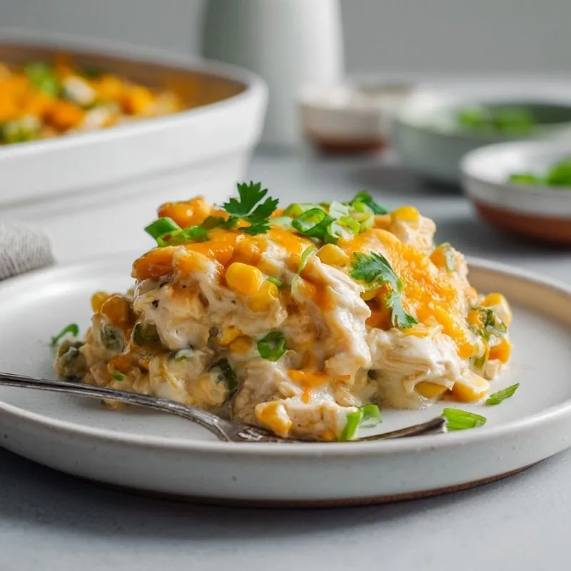 Creamy Chicken Chili Bake A serving of creamy chicken chili bake topped with melted cheddar cheese, corn, green onions, and fresh cilantro on a white plate.