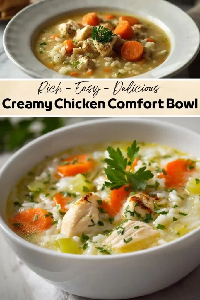 Collage featuring two bowls of creamy chicken soup with rice, carrots, celery, and parsley, labeled "Creamy Chicken Comfort Bowl."