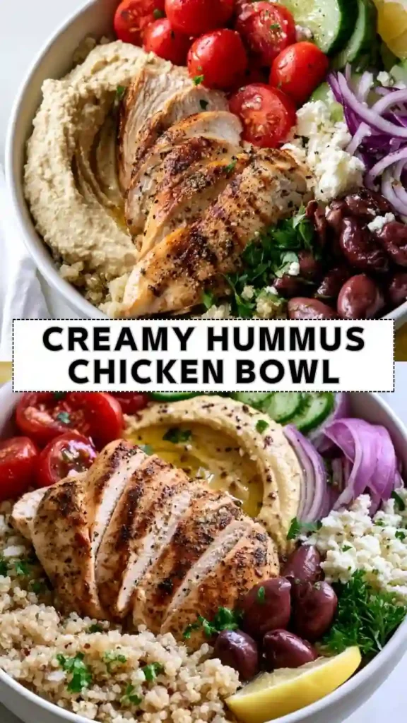 A Mediterranean chicken bowl with grilled chicken, creamy hummus, quinoa, cherry tomatoes, cucumber, red onion, feta cheese, Kalamata olives, parsley, and a lemon wedge.