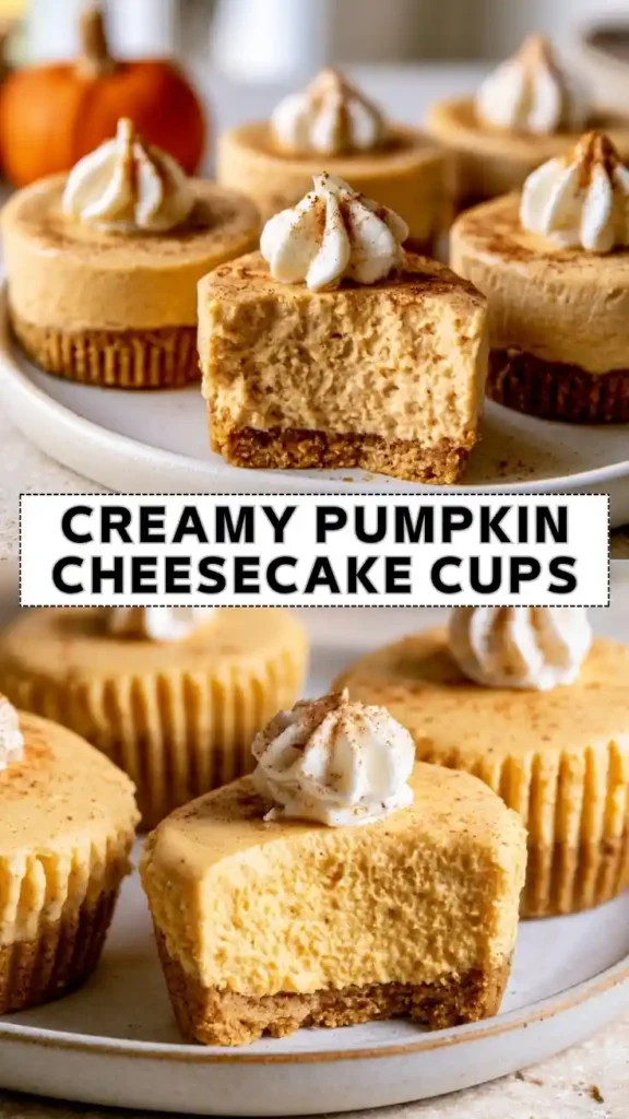 Creamy pumpkin cheesecake cups with graham cracker crust, whipped cream, and cinnamon.